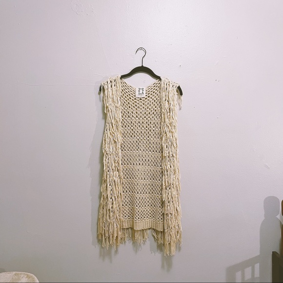 SOLD PPLA Flounder Fringe Open Crochet Vest in Tan | Large - Picture 6 of 6
